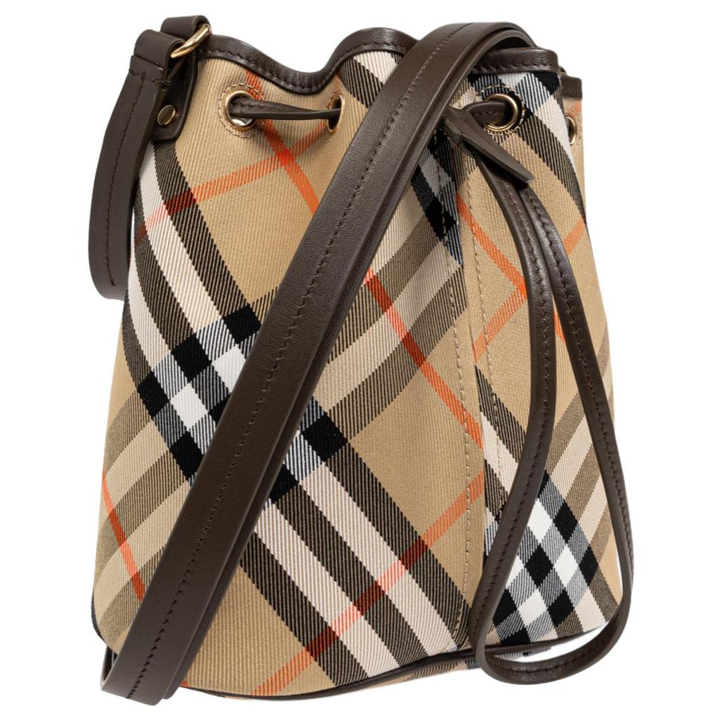 Burberry Borsa a secchiello da spalla in cotone con finiture in metallo dorato da donna Marrone 80938041