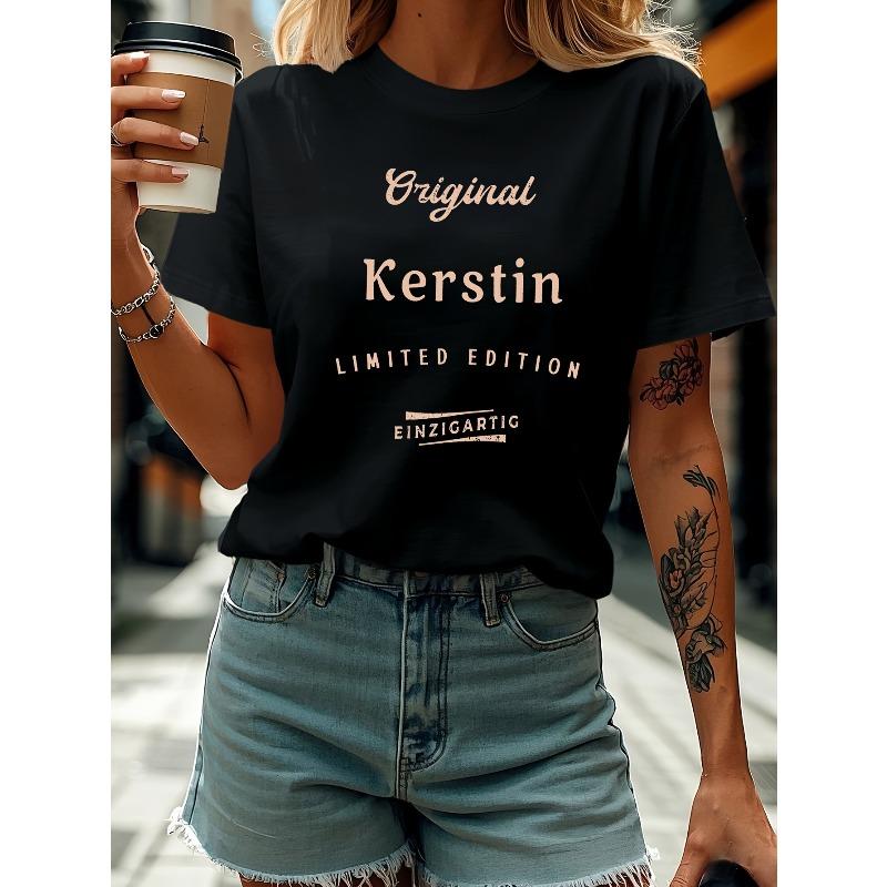 

Women s T-shirt, German Original Kerstin Limited Edition Letter Print, Black Short-sleeve Crewneck Printed T-shirt - Machine Washable, Casual Style S чёрный