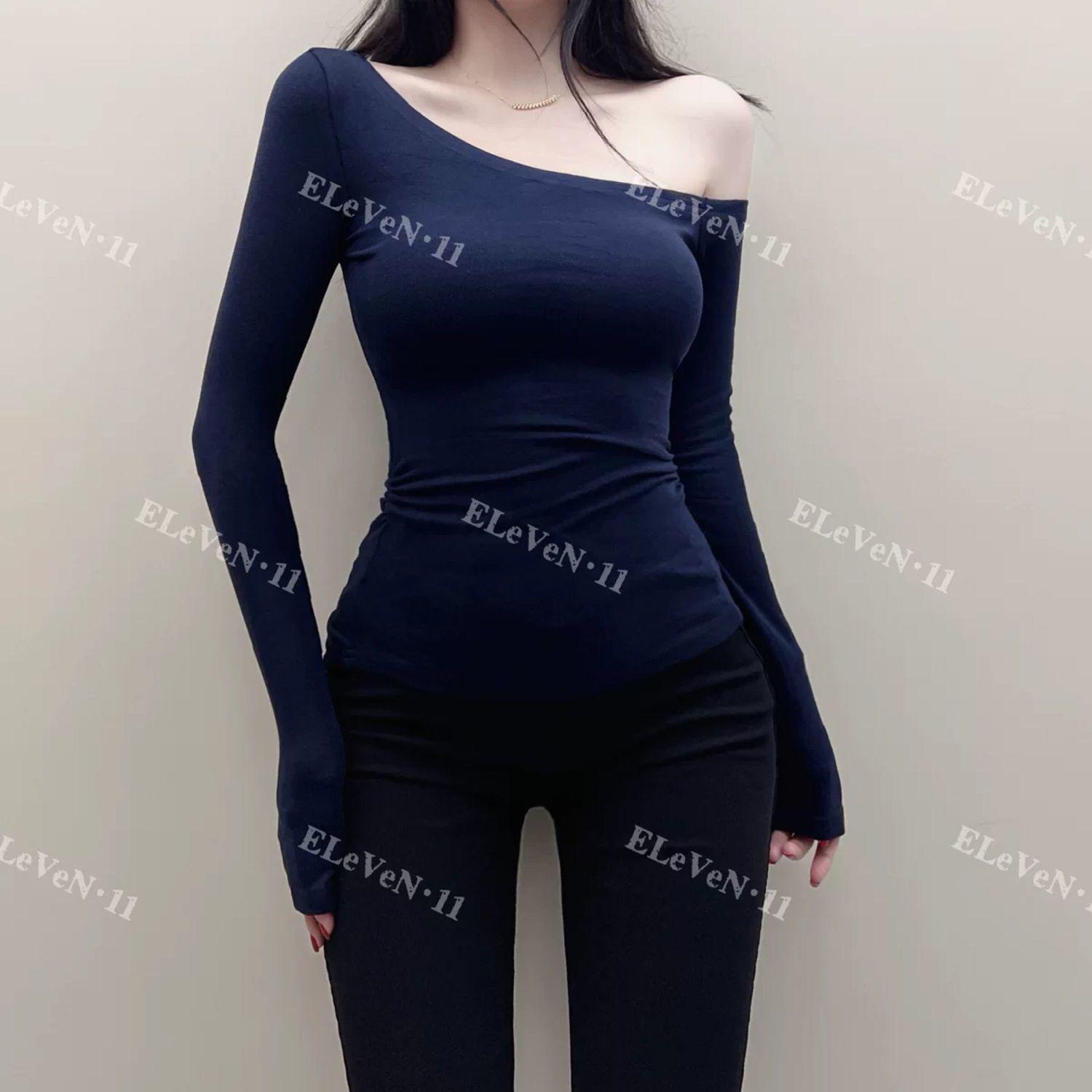 

Сексуальна футболка з відкритими плечима в корейському стилі, приталеного крою, з довгим рукавом для осені/зими M 91-105 jin темно-синього кольору