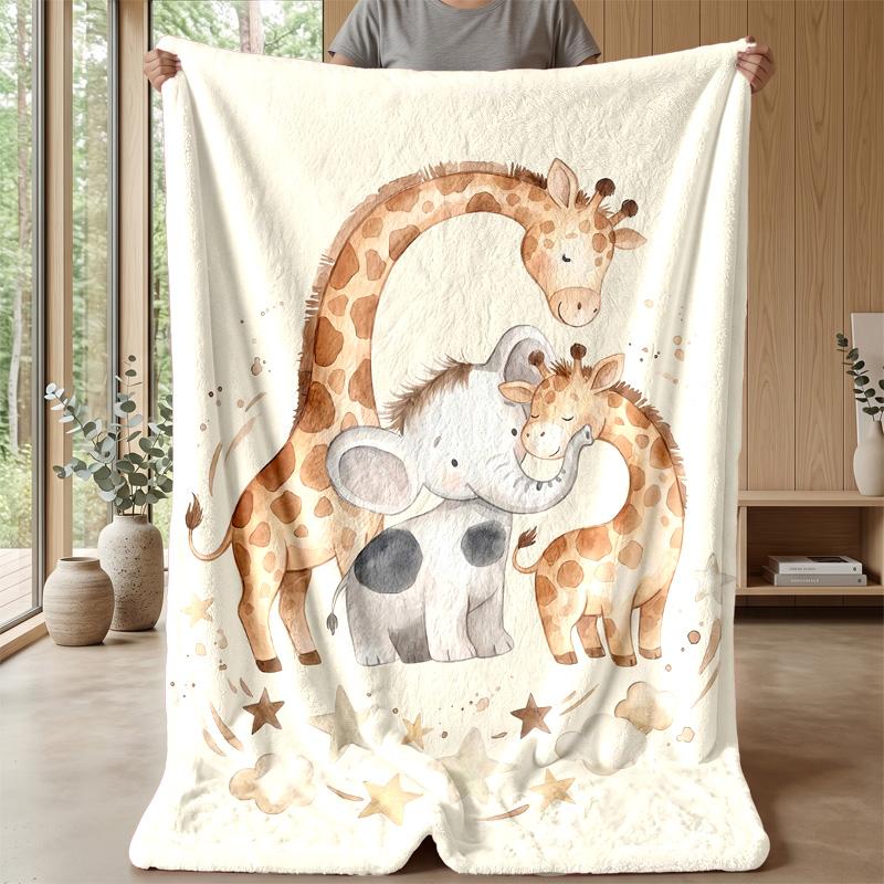 Giraffe, Lion, Elephant on Cloud with Stars Theme blanket Lightweight Warm Flannel Blanket Decorative Throw Blanket for Home Decoration