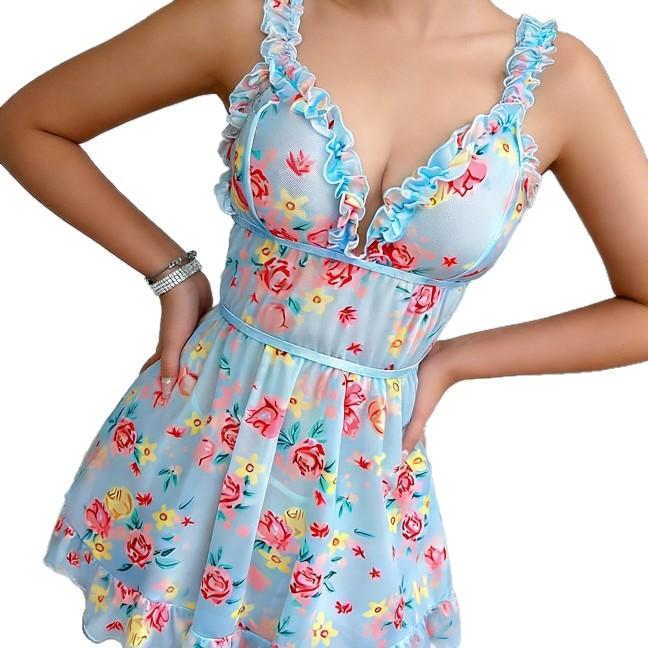 Sexy lingerie women's French retro style print romantic sexy deep V lace slim suspender nightdress