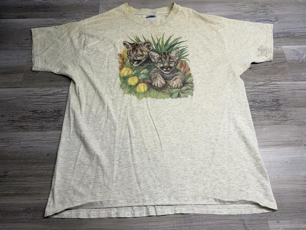 Vintage Berglöwen-Kätzchen T-Shirt 90er Jahre Natur T-Shirt Single Stitch USA Gefertigt XL