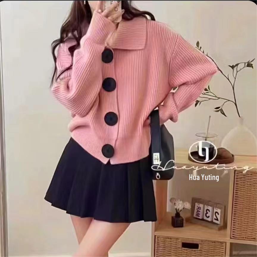 Retro Korean Big Button Knit Cardigan - Women's Fashionable Lapel Sweater, Autumn/Winter Loose Style Outerwear