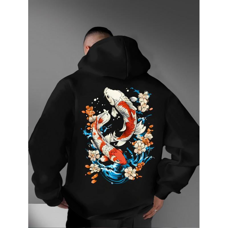 Unisex Oversized Hooded Sweatshirt With Japanese Ukiyo-e Cherry Blossom Koi Fish Print Soft Fleece-Lined Casual Top
