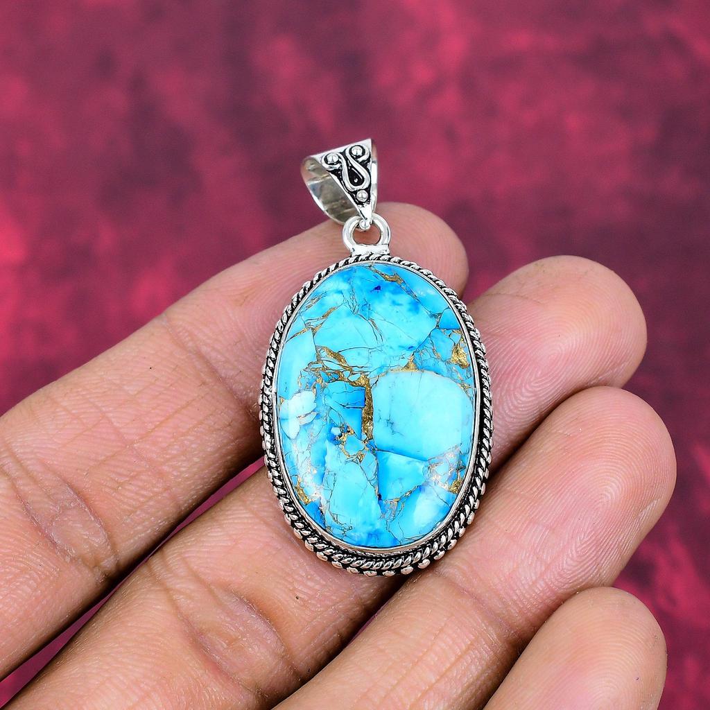 Colgante de piedra preciosa turquesa de cobre azul hecho a mano, colgante de plata de ley maciza 925, joyería antigua, para regalo de compromiso
