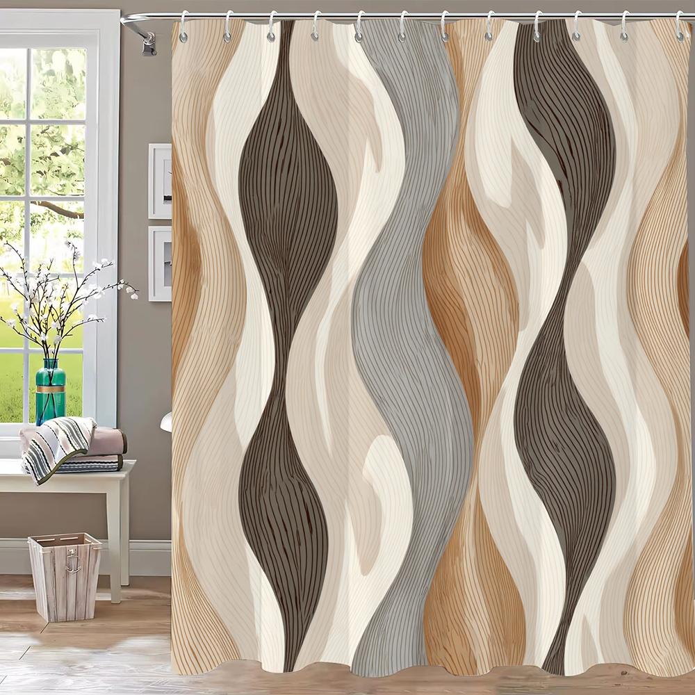 1Pc Golden Abstract Geometry Print Shower Curtain Partition Privacy Hanging Curtain With 12 Hooks Multiple Size Machine Washable