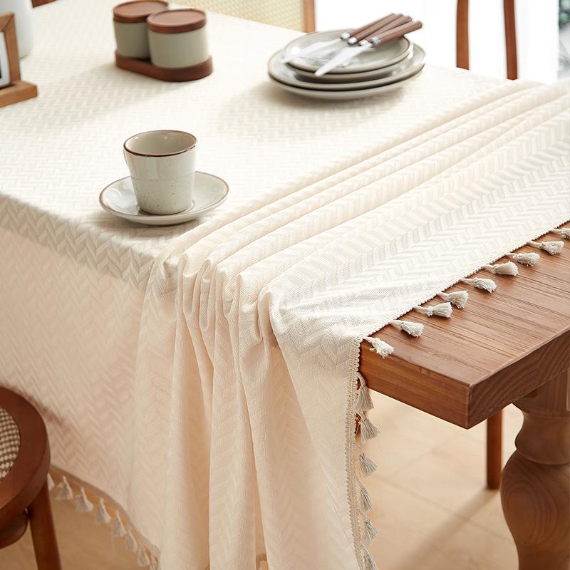 Farmhouse Style Beige Tassel Table Cover, Suitable For Buffet Table, Holiday Dinner, Party, Dining Room, Wedding Rectangular Western Tablecloth