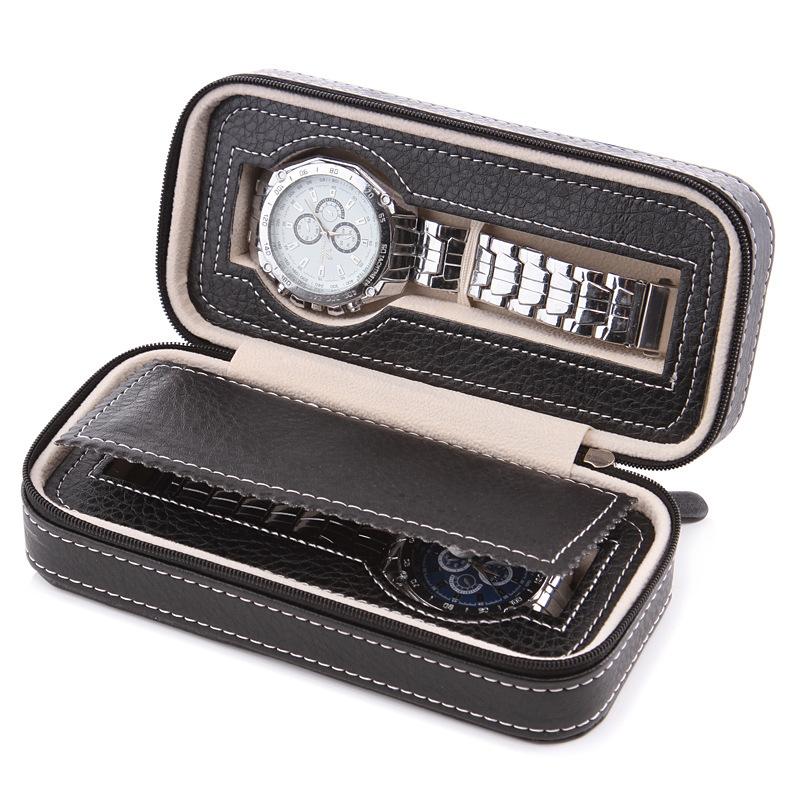 Watch box, PU lychee patterned watch zipper bag, high-end portable 2-person couple gift box