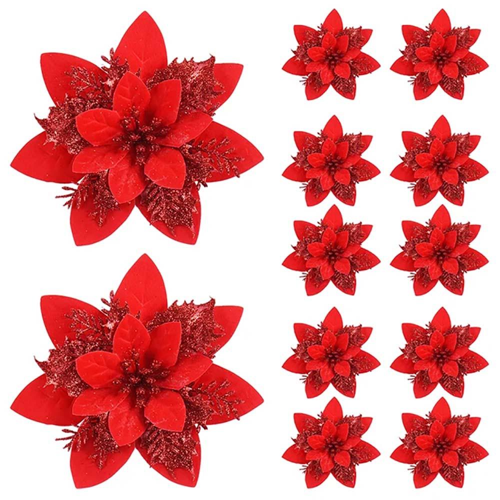 10 Pcs 14cm New Christmas Decorations Pink, Red, Gold Glitter Artificial Flowers For Christmas Tree Home Christmas Decoration