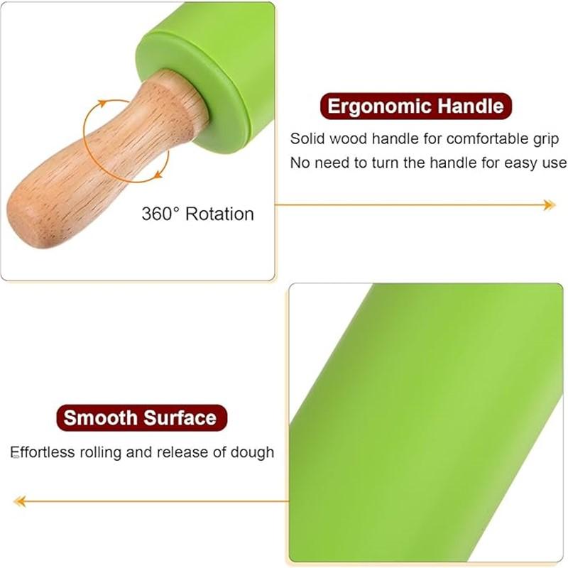 1/4Pcs Non-Stick Silicone Rolling Pin Wooden Handle Pastry Dough Flour Roller Kitchen Cooking Kid Baking Tool For Pasta Dough