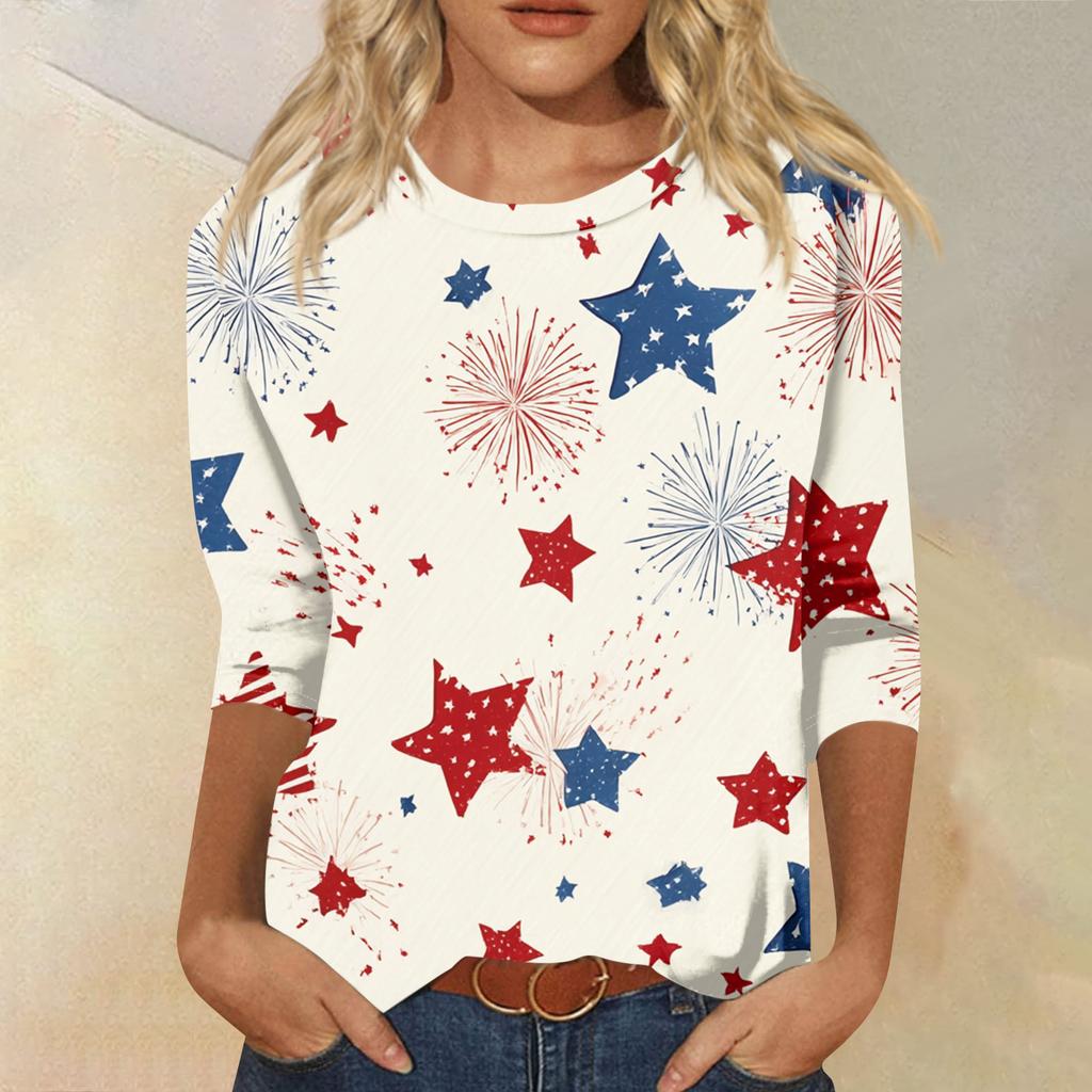 Women's Fashion Casual Seven-Sleeve Independence Day Print Round Neck Top
