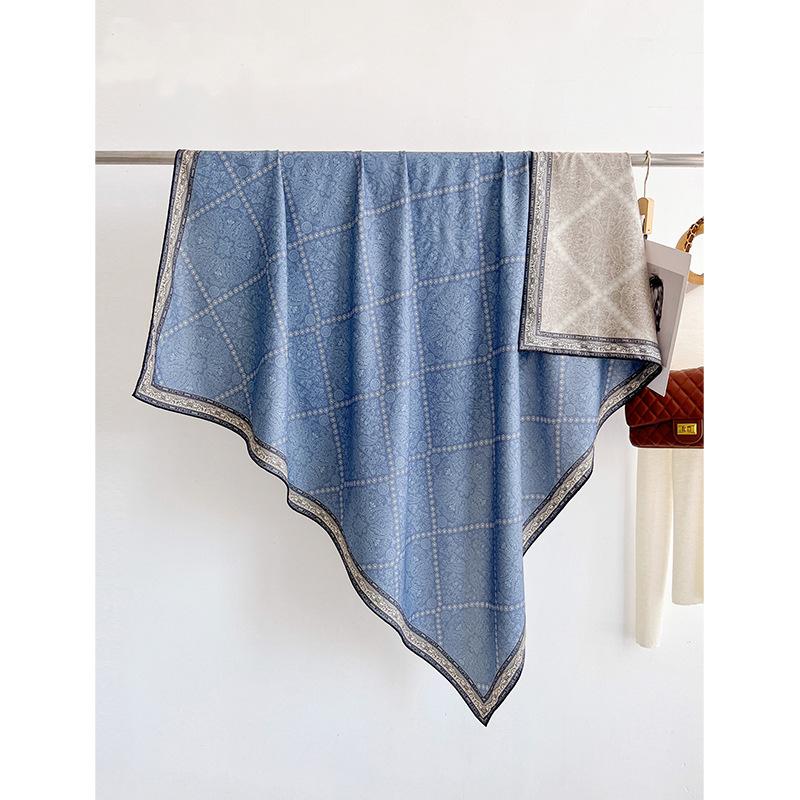 Autumn and winter new fashionable versatile silk square scarf double-sided warm high-end 111cm silk wool scarf