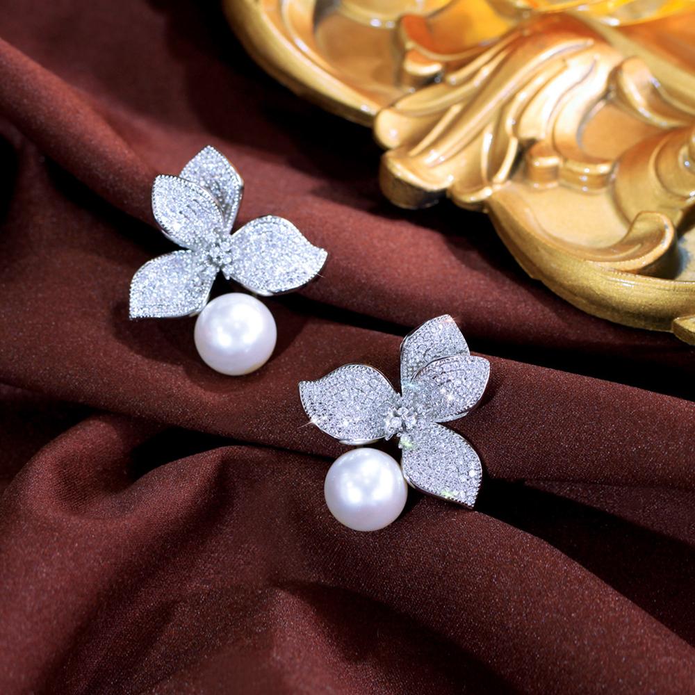 Zircons Noble White Gold Color Cubic Zirconia Elegant Big Flower Dangle Pearl Earrings for Women Wedding Party Jewelry E1150