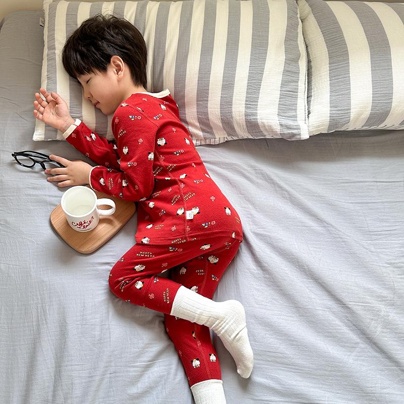 

Childrens Cotton Seamless Pajama Set 280g Wool Stretch Inner Wear Kids Cartoon Home Clothes 80cm (crotch can be opened)