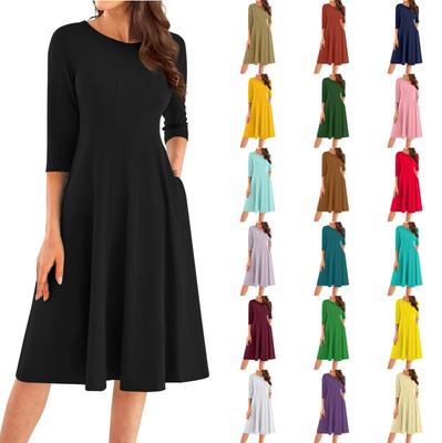 Women's Casual Fashion Round Neck Three Quarter Sleeve Solid Color Midi Dress
