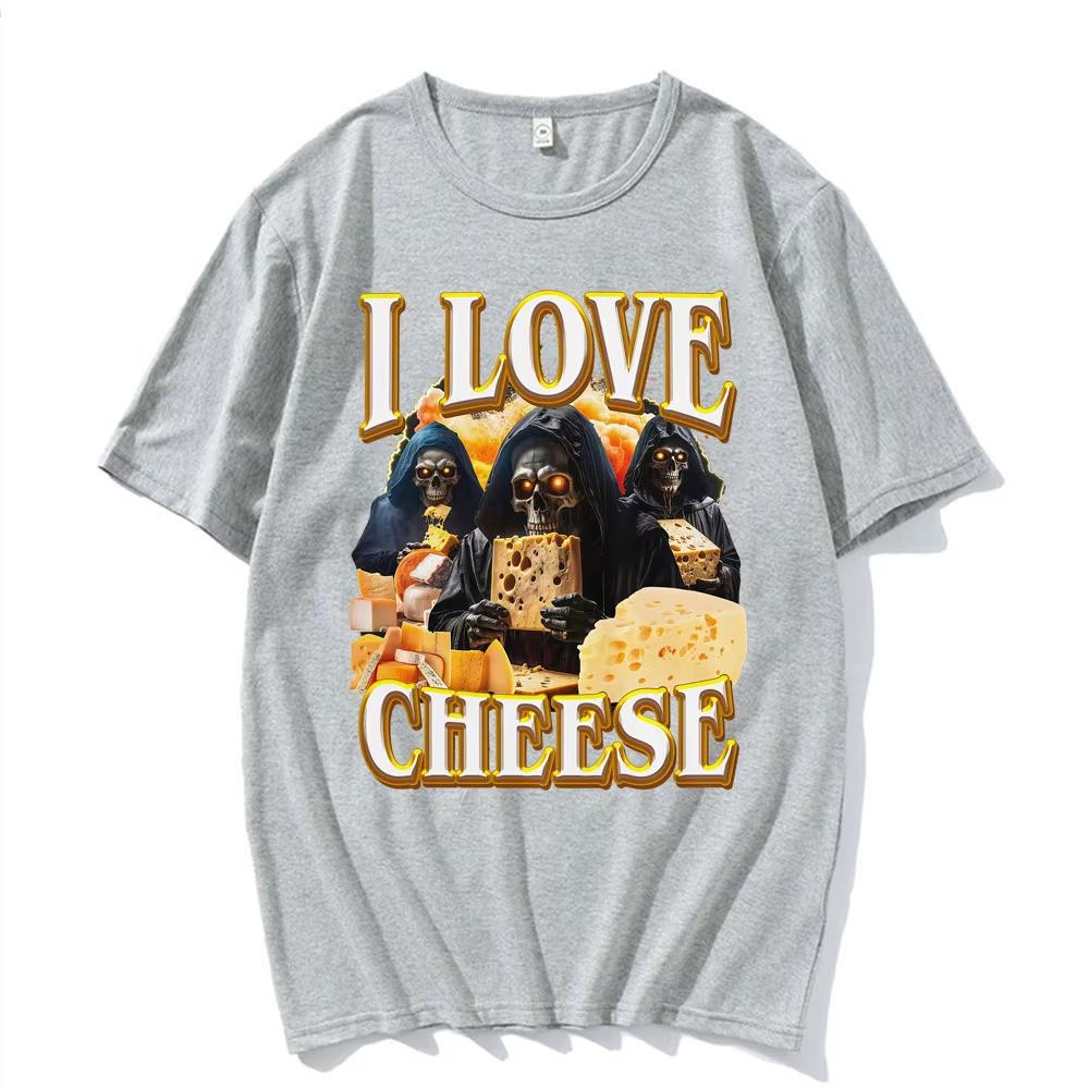 Vintage Skeleton I Love Cheese Meme T Shirts Funny Gothic Graphic Tshirt Mens Women Summer Crewneck Cotton Tshirts Streetwear