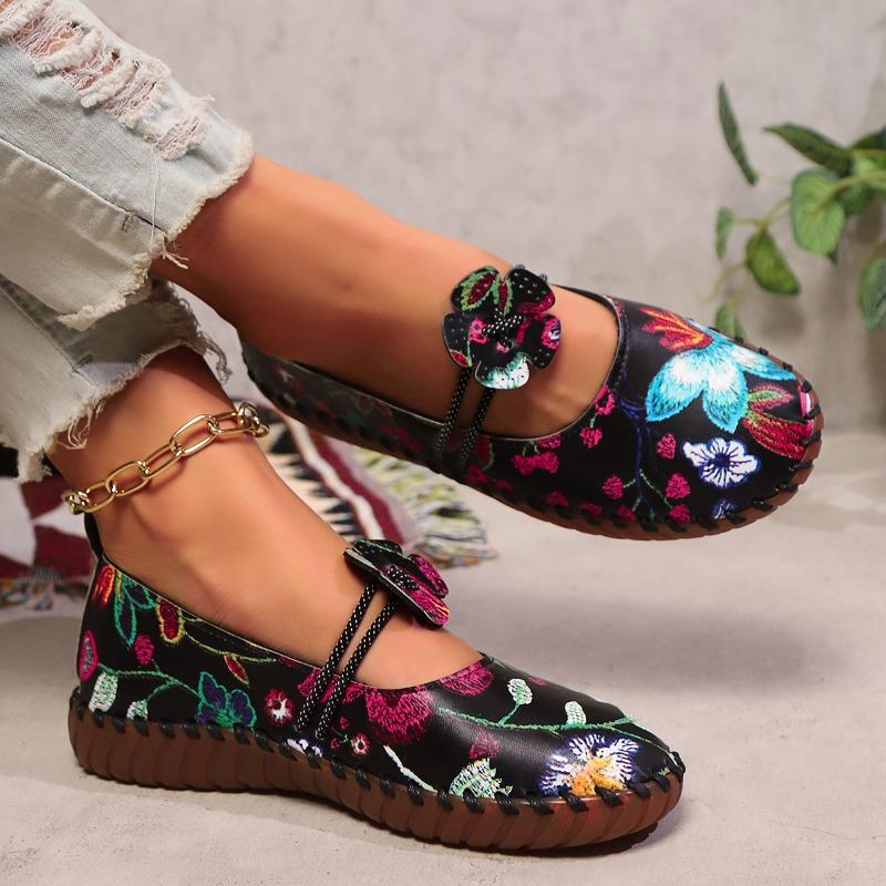 Fashion Plus Size Flats Autumn New Round Toe Shallow Mouth Printed Slip-on Low Top Single Shoes with Soft Sole and Soft Side