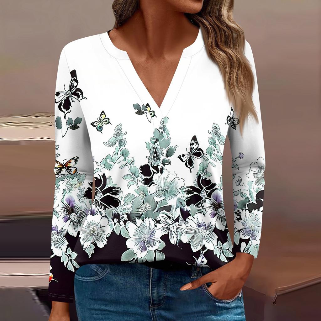 Damska koszulka z nadrukiem z długim rękawem, codzienna, weekendowa, modna, podstawowa, dekolt w serek, regularna góra