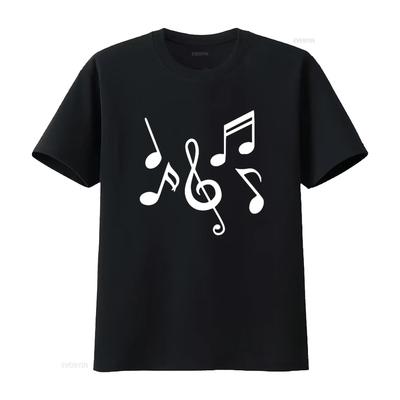 Mens Music Notes T Shirt Black Vintage Washed Casual Comfortable Streetwear Stylish Graphic Homme Soft Stretched Unisex