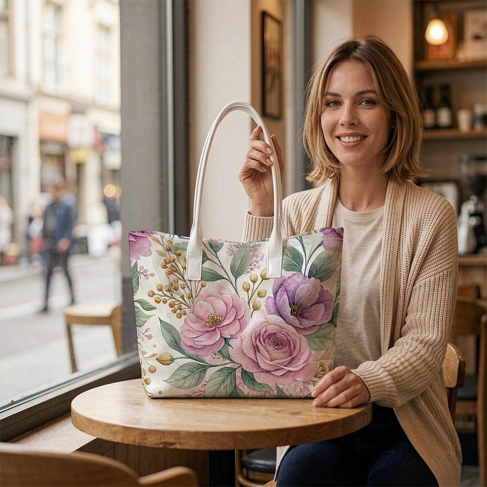 Elegant Watercolor Floral Print Large Tote Bag for Women Daily Use Shopping Travel Fashion Shoulder Handbag