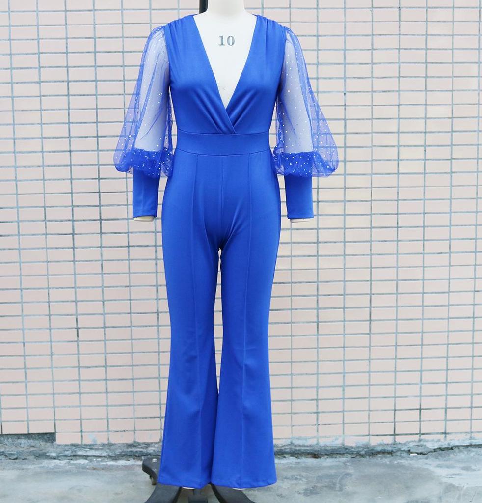 2022 Fall/Winter Women's European & American Style Mesh Spliced Long-Sleeve Slim Wide-Leg Jumpsuit