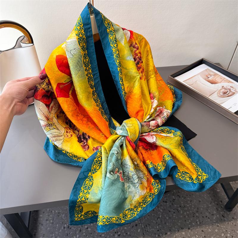 Warm Rhyme Floral Printing Fragrant Cloud Yarn Spring And Summer Silk Scarf Large Long Scarf Travel Shawl Sun Protection Women'S Scarf Headscarf