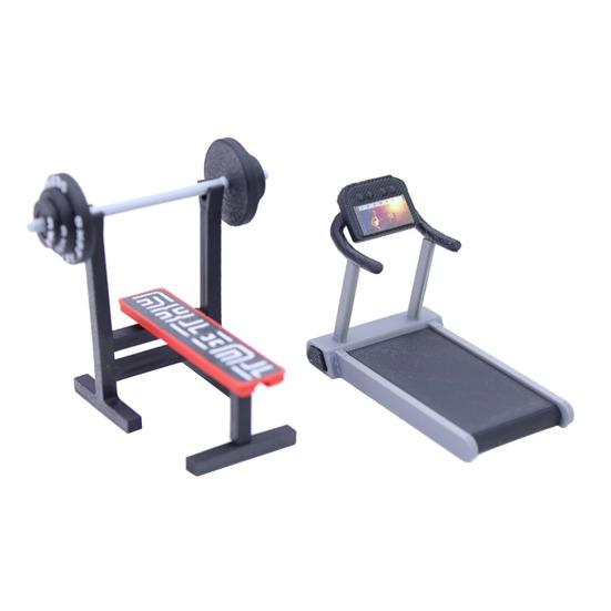 Miniaturowy Sprzęt Fitness Mini Bieżnia Maszyna do Biegania Ławka do Wyciskania Sztanga Zabawka Miniaturowy Model Sprzętu Siłowni Akcesoria do Dekoracji Domku dla Lalek 1/12
