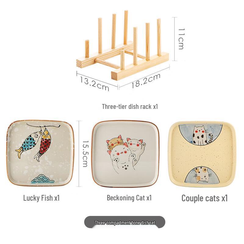 Ceramic Bone Dishes with Wooden Rack