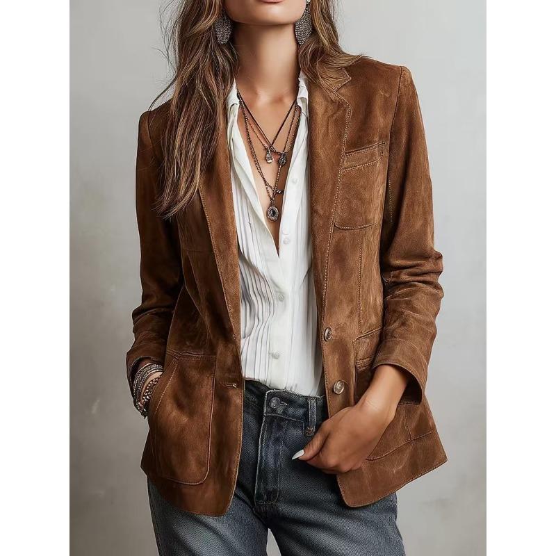 Women S Retro Suede Single Breasted Long Sleeve Jacket