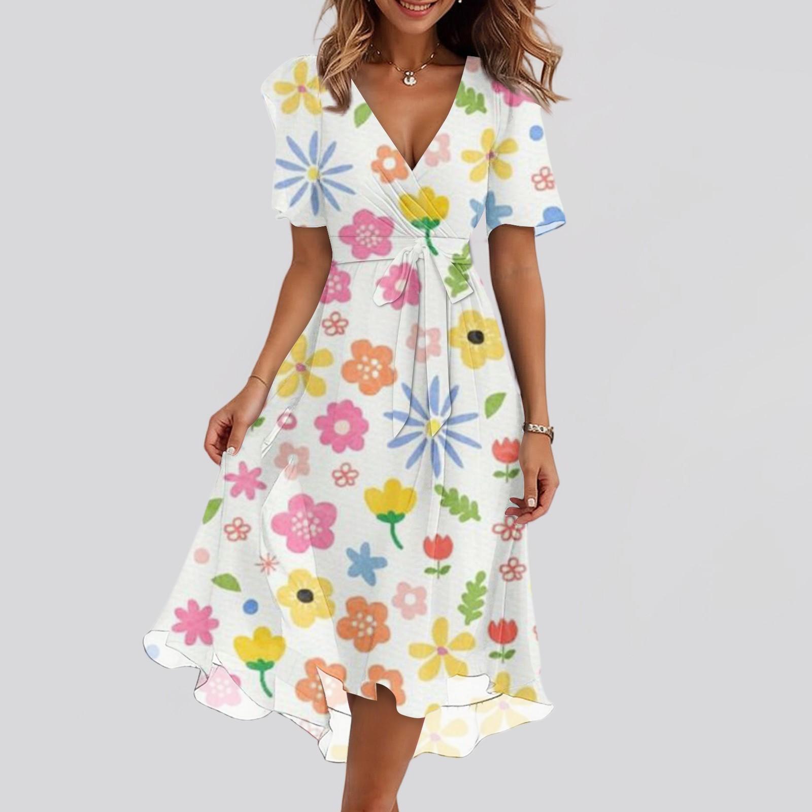 

Женские модные повседневные платья с V-образным вырезом, короткими рукавами и оборками, винтажным принтом S жёлтый