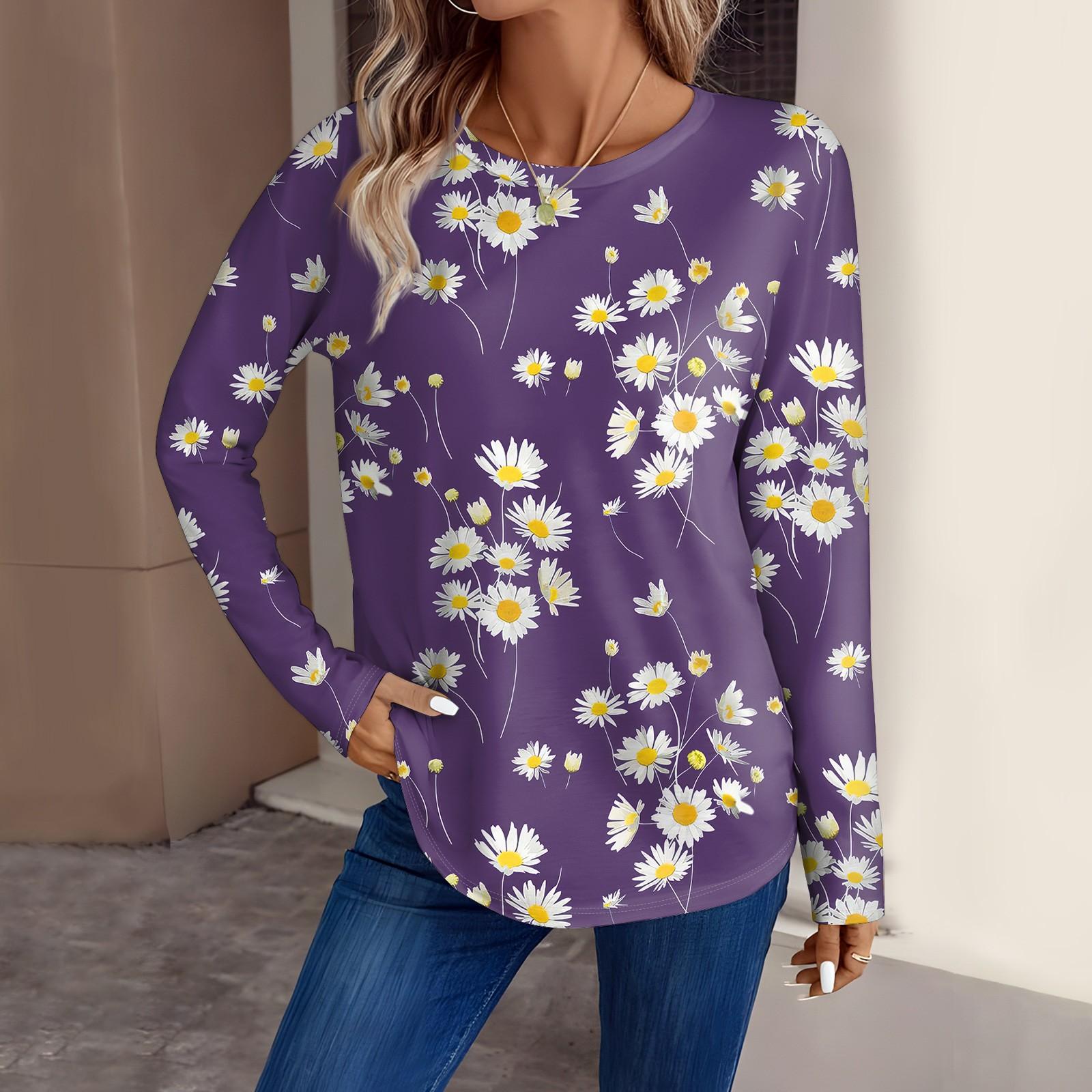 Женская мода повседневный топ с длинным рукавом с цветочным принтом и круглым вырезом — фото 4
