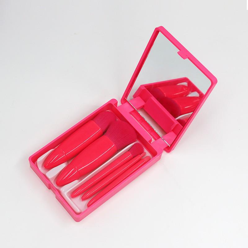 5-Piece Portable Makeup Brush Set with Mirror - Includes Eyeshadow, Powder, Blush, and Travel Brushes