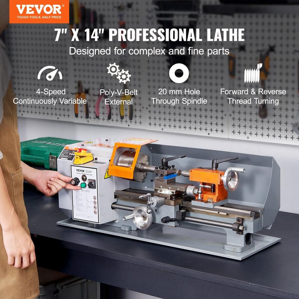 Metal Lathe Machine, 7'' x 13.78'', Precision Benchtop Power Metal Lathe, 0-2200 RPM Continuously Variable Speed, 500W Brush Motor Metal Gears, with