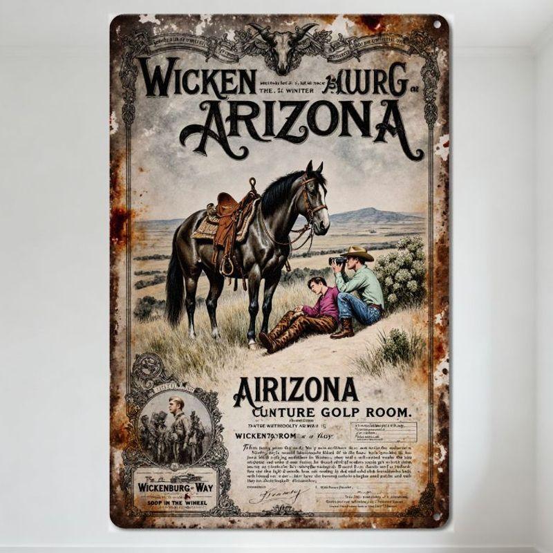 Vintage Wickenburg Arizona Metal Tin Sign Western Cowboy Horse Desert Art for Man Cave Bar Home Decor