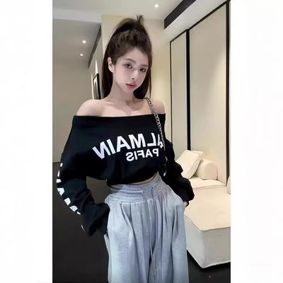 Autumn New Pure One-length Neck Long-sleeved Top for Women Small Letter Print Short Off-shoulder Sweatshirt for Women