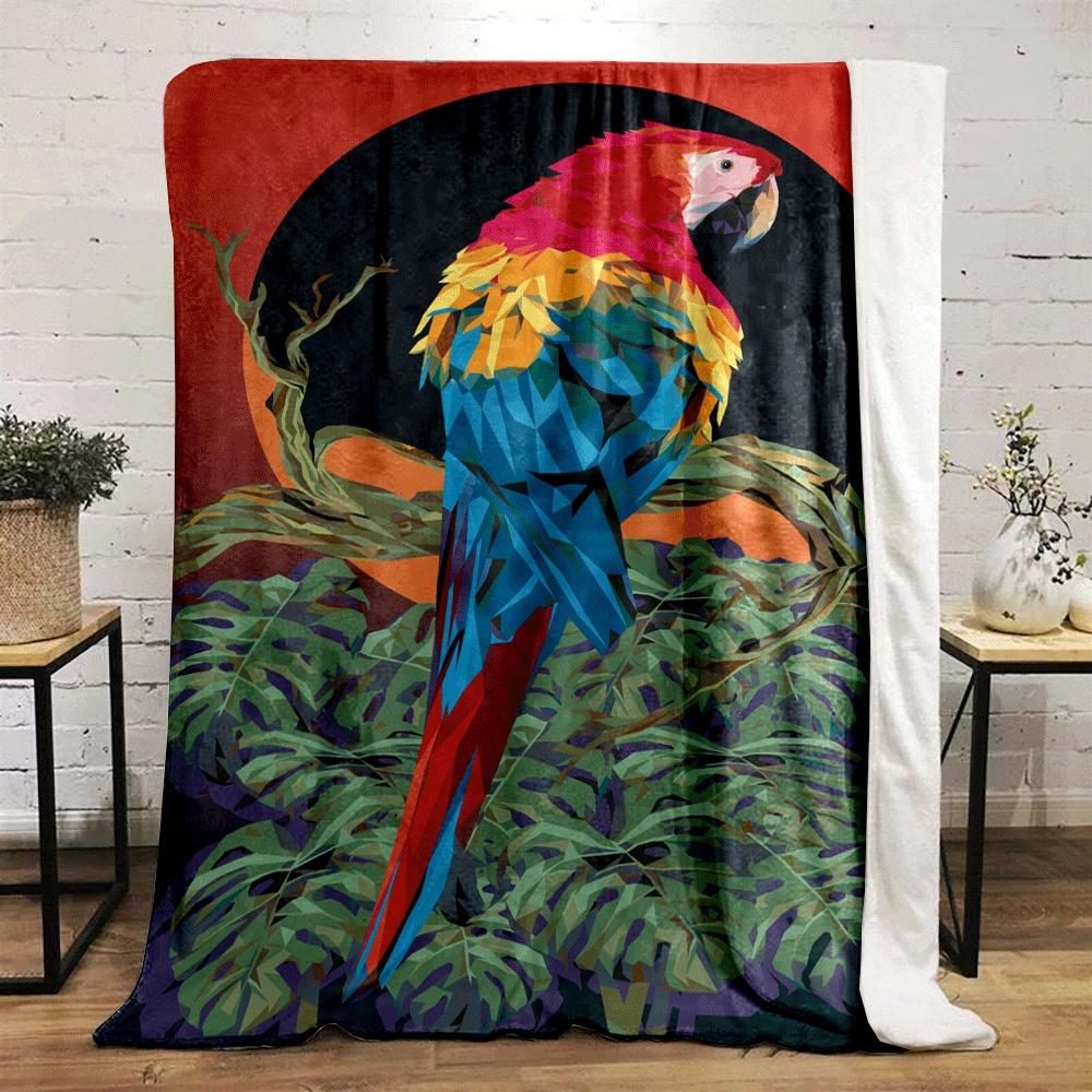 A vibrant parrot in geometric style with colorful feathers, leaves, and sunset. for all seasons blanket lunch break throw gift