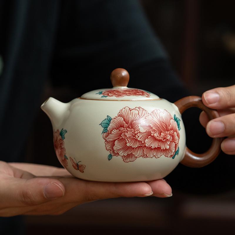 Peony Flower Xishi Handle Ceramic Teapot – Retro Anti-Scald Kung Fu Tea Set