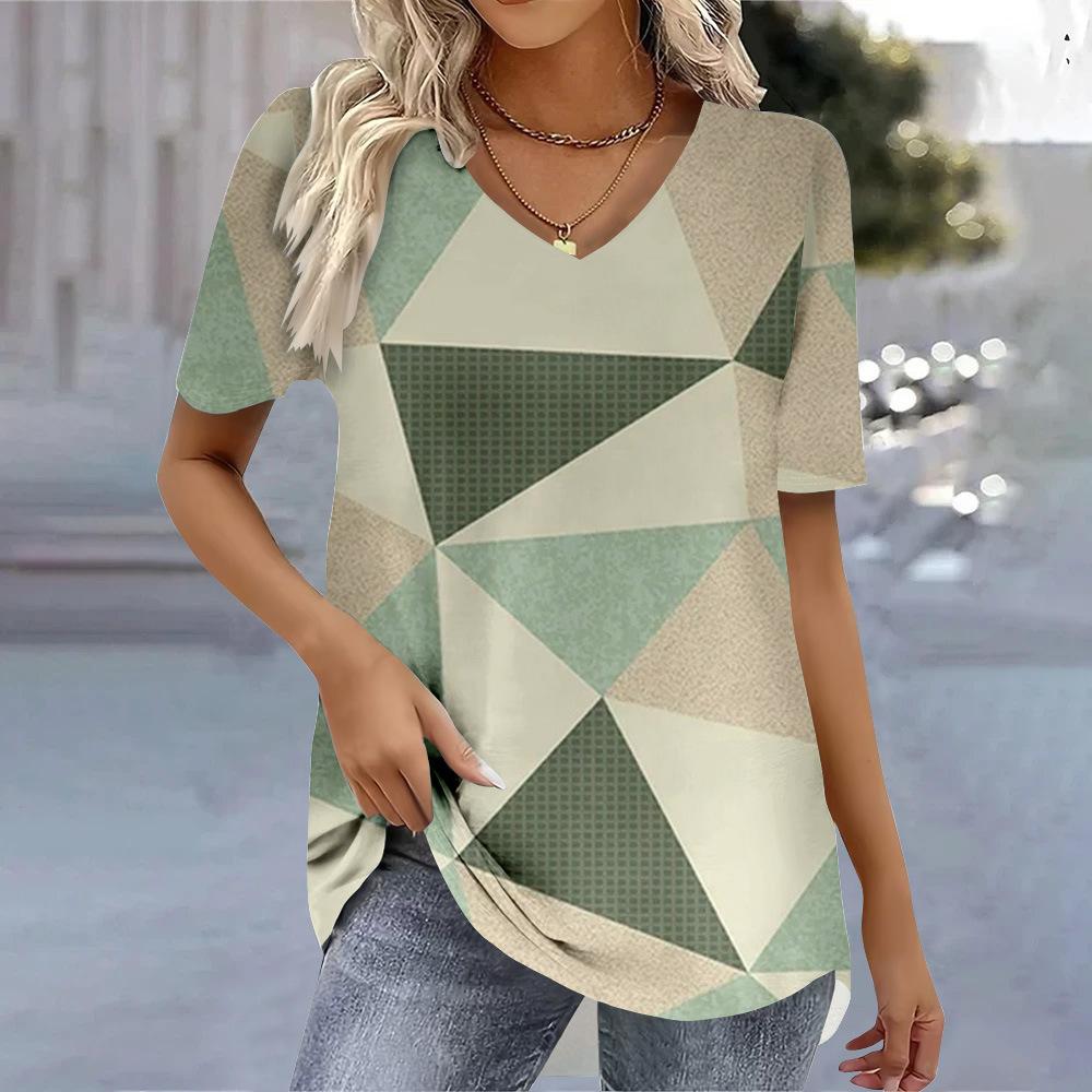 Summer V-neck Geometric & Abstract Pattern 3D Printed Top Fashionable Casual Short Sleeved Women's T-shirts