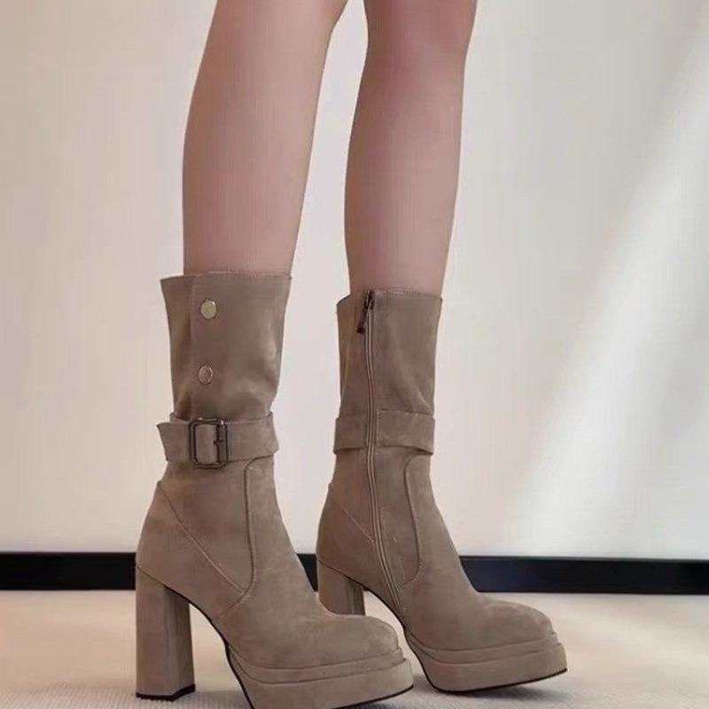 Niche Retro Block-heeled High-heeled Shoes for Women 2025 New Summer Versatile, Thin and Heightened Small Mid-leg Boots