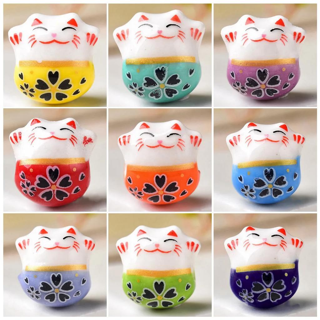 10pcs 14mm Through Hole Fortune Cat Raise Claws Ceramic Porcelain Loose Beads For Jewelry Making Accessories DIY Crafts Findings Creativity Beads