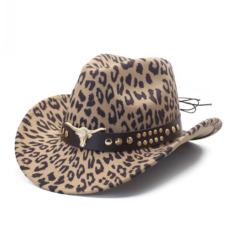 European and American leopard print felt hat men's and women's retro western cowboy hat outdoor woolen jazz hat street fashion top hat