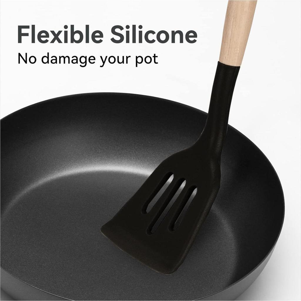 Non-Stick Silicone Cooking Utensils Set, 5 Pcs With Wooden Handle, Heat Resistant Silicone Kitchen Gadgets