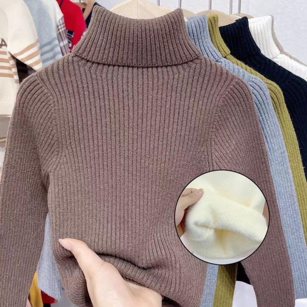 Kids Autumn Winter Thickened Fleece Lined High Neck Knit Sweater Warm Base Layer Top For Toddlers And Children