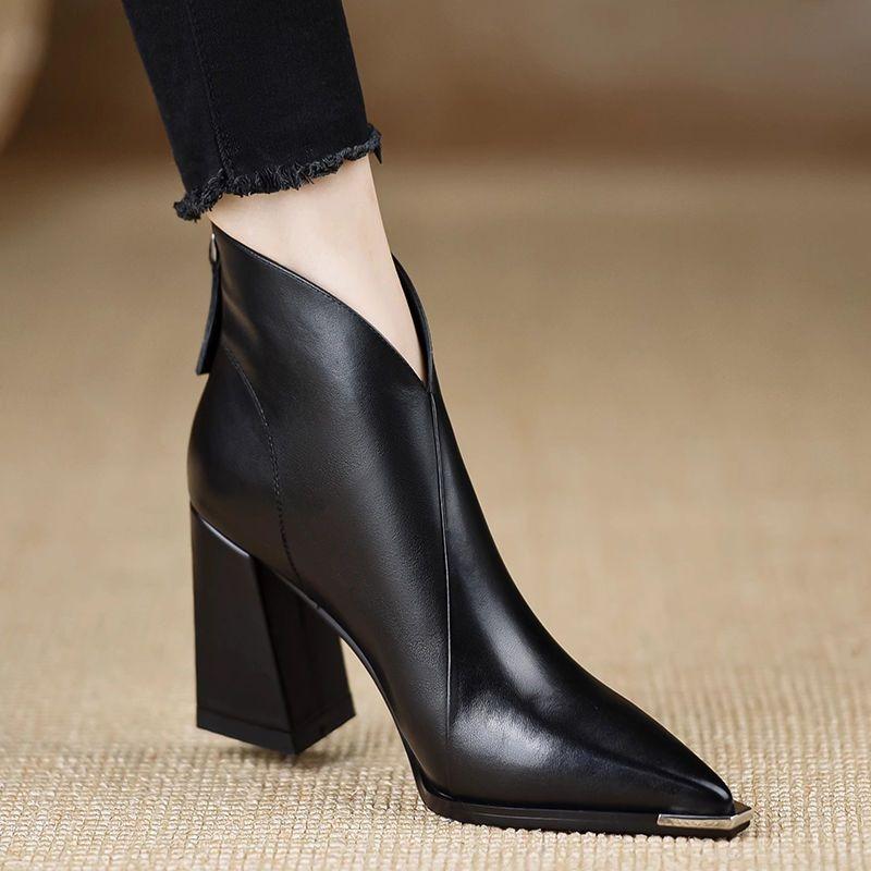 Coarse Heel Pointed Short Boots Women's Autumn and Winter New Versatile Anti-collision Metal Iron Head Soft Leather High Heel Thin Fashion Boots