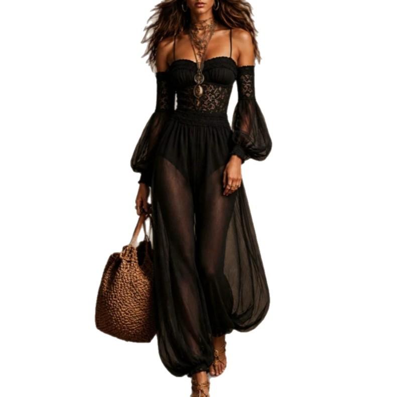 Nuovo Jumpsuit Elegante da Donna con Bretelle, Temperamento Francese, Maniche a Lanterna, in Chiffon