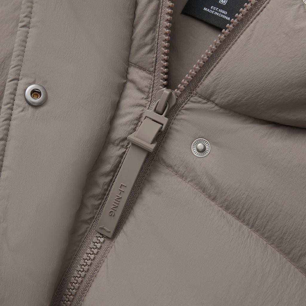 Li Ning Womens Fitness Series Loose Hooded Solid Color Versatile Casual Short Zipper Winter Down Jacket Women Outerwear Tree-Gray Brown AYMU086-4