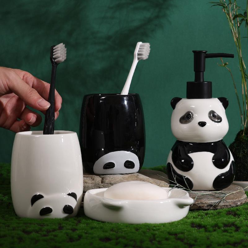 4pcs Creative Panda Ceramic Lotion Bottle Soap Dish Mouthwash Cup Ceramic Cartoon Bathroom Kit Modern Bathroom Accessories
