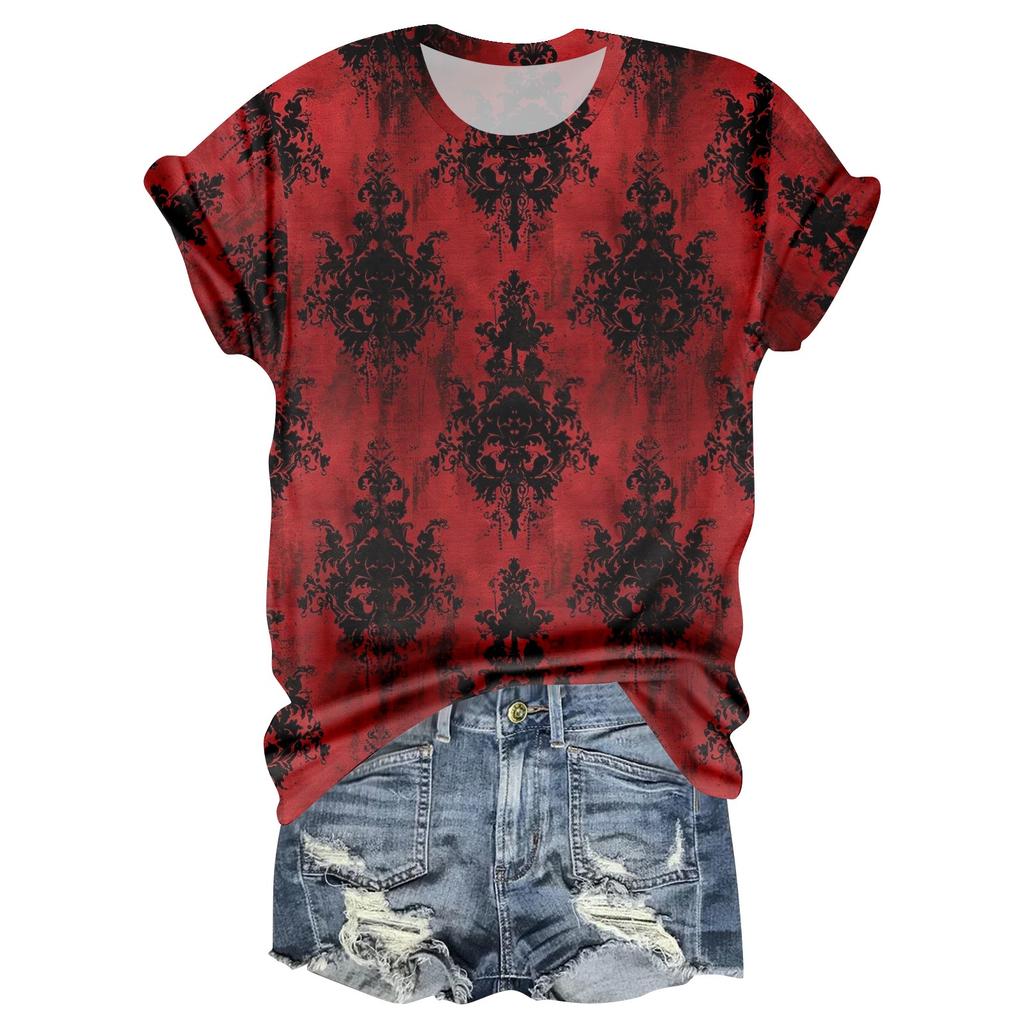 Damen Casual Rundhals Halloween-Print Kurzarm T-Shirt Top