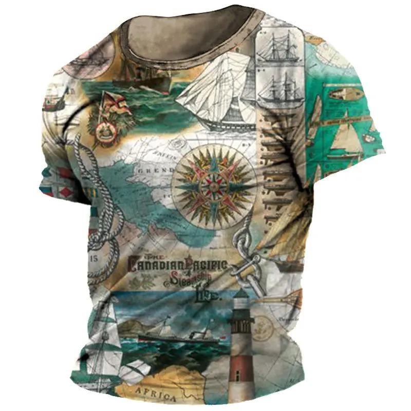 Vintage Compass T-Shirt for Men 3d Navigation Printed T Shirts Street Hip Hop Tops Short Sleeve Tees Shirt Men Clothes Shirt