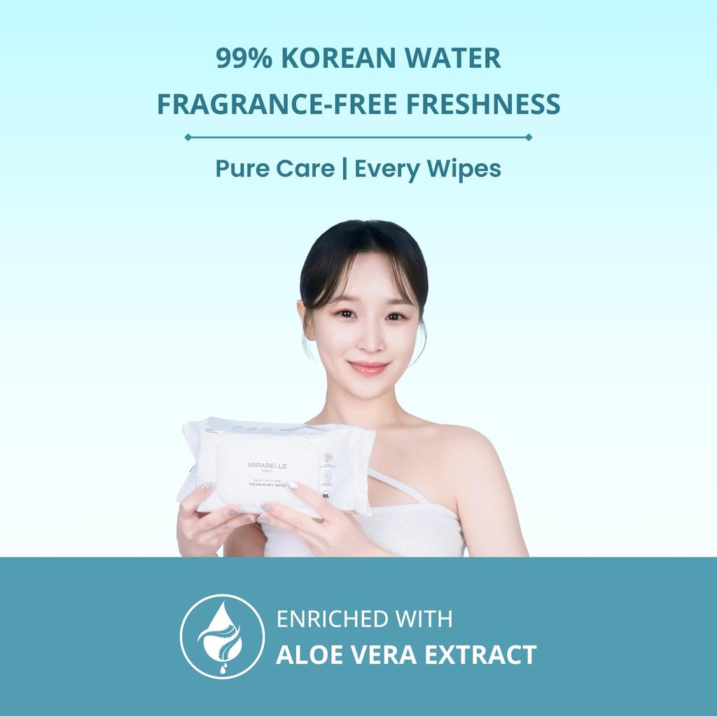 Mirabelle Korea Feuchttücher für das Gesicht mit Deckel - 100 Tücher | 99% Reines Wasser, parfümfrei | Make-up-Entferner-Tücher | Feuchtigkeitsspendend & Erfrischend | Koreanische Sk
